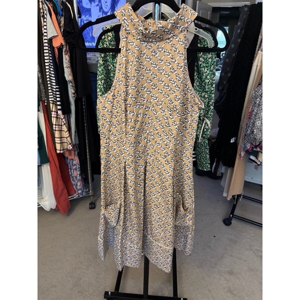 Jessica Simpson Tan Chain Link Halter Neck Pleated A-Line Dress with Pockets 10 - Picture 4 of 8